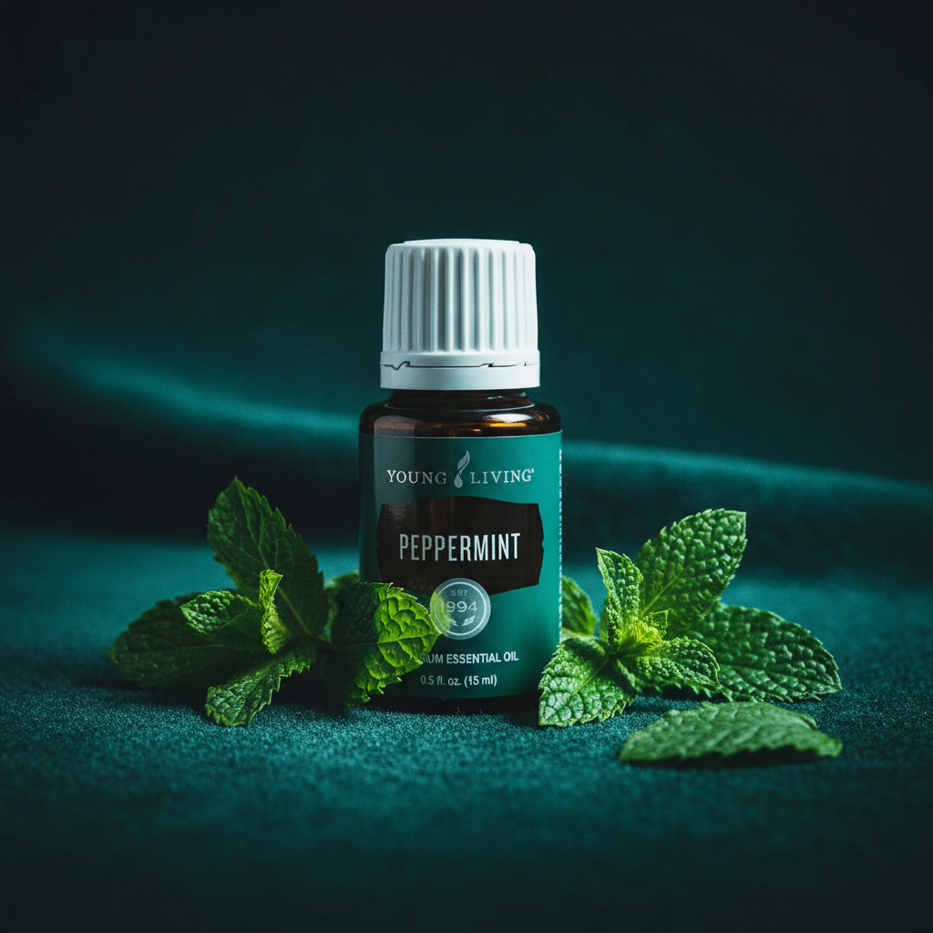 Peppermint Essential Oil forest green background with mint leaves