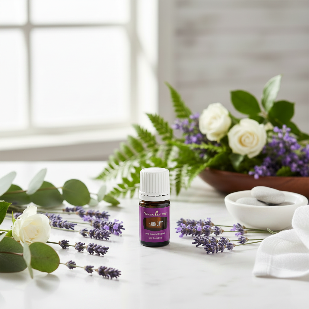 Young Living Harmony essential oil on marble with lavender and white roses