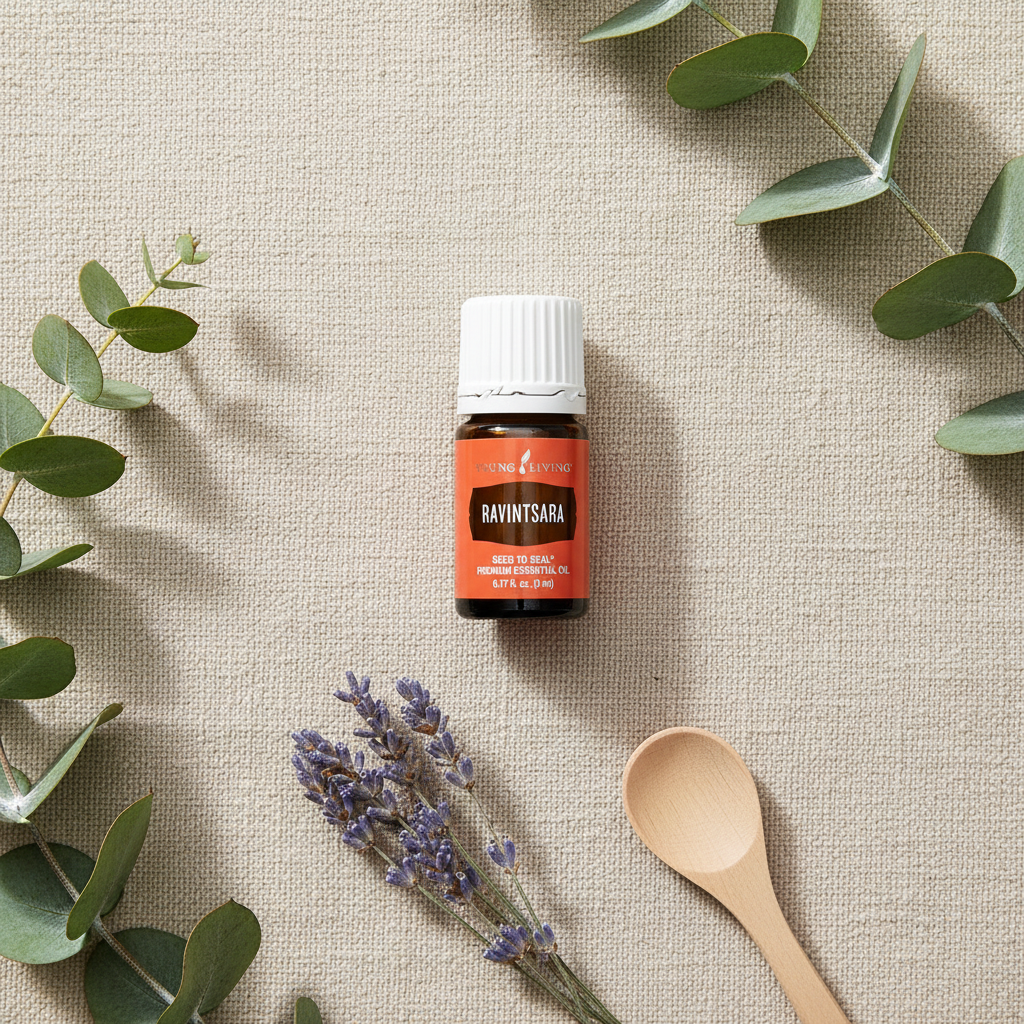 Ravintsara essential oil flat lay with eucalyptus and dried botanicals on linen