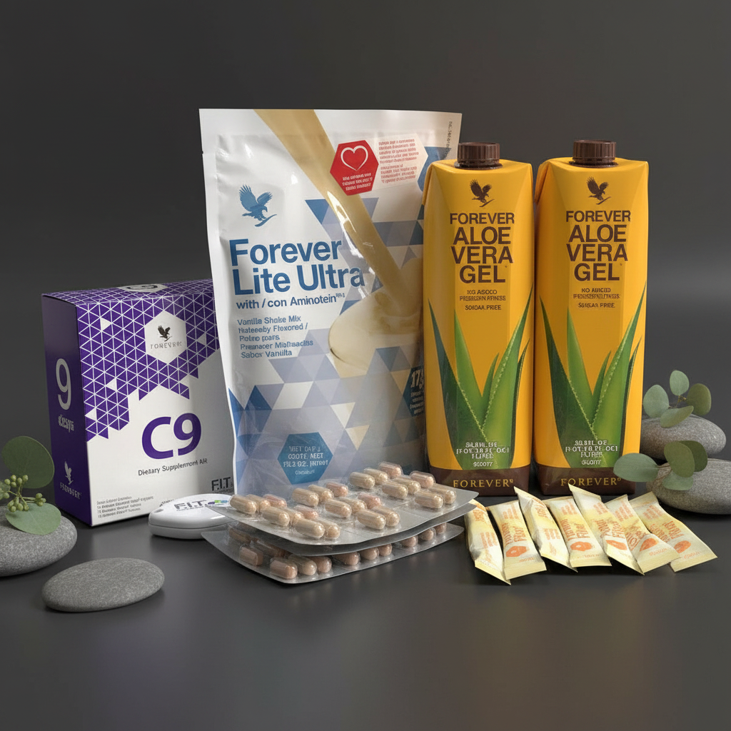 Forever C9 Kit on dark charcoal surface with eucalyptus and smooth stones spa aesthetic