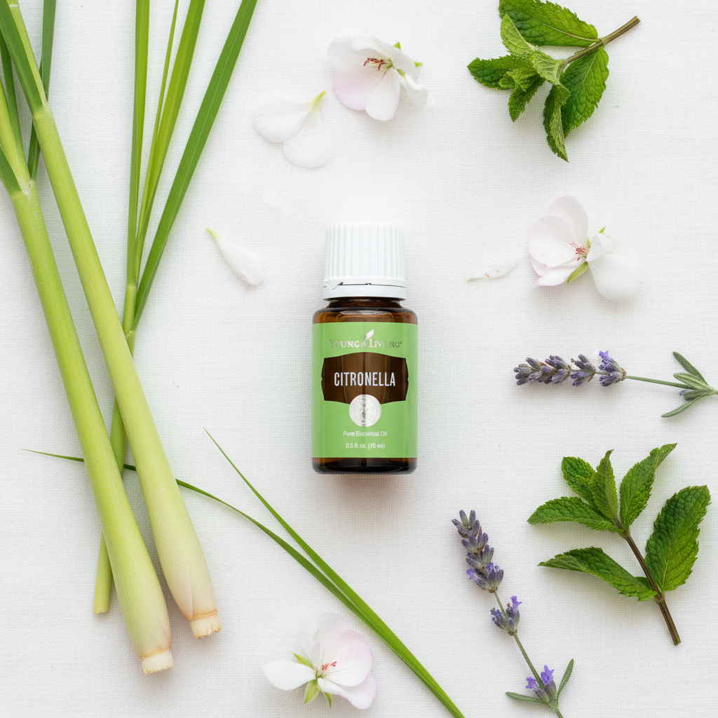 Citronella essential oil flat lay on white linen with citronella grass, lemongrass, geranium and lavender