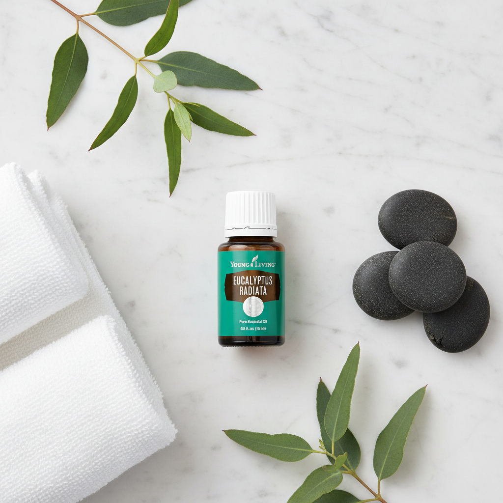 Eucalyptus Radiata bottle flat lay on marble with eucalyptus sprigs and spa stones