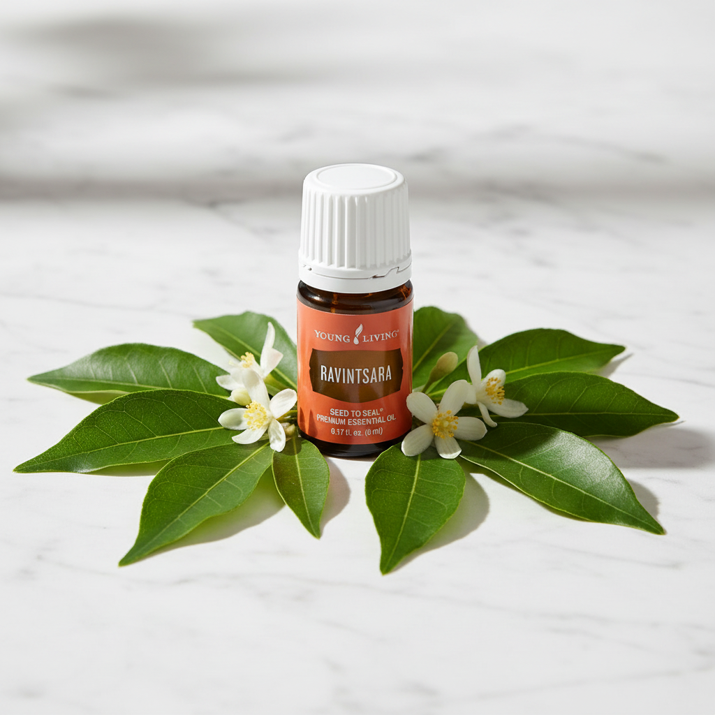 Ravintsara essential oil with camphor tree leaves and white flowers on marble