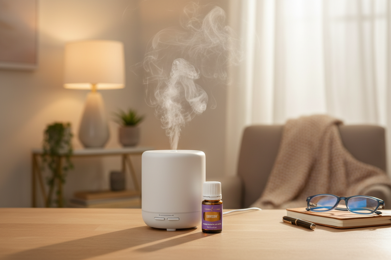 Young Living Envision oil bottle next to diffuser in home office