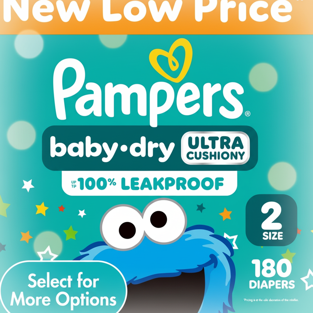 Pampers Baby-Dry Size 2 close-up Cookie Monster branding with teal bokeh background