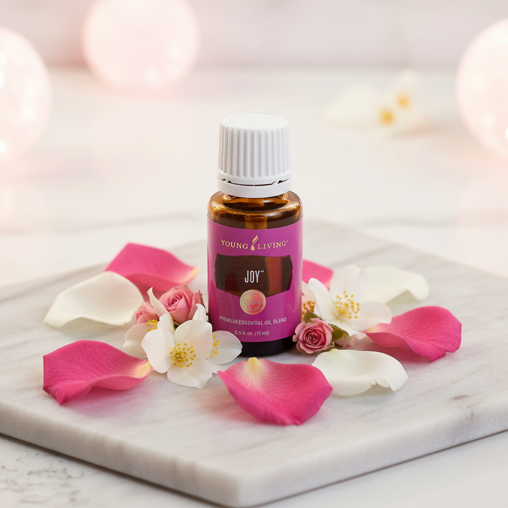 Young Living Joy essential oil styled on marble with rose petals and jasmine flowers