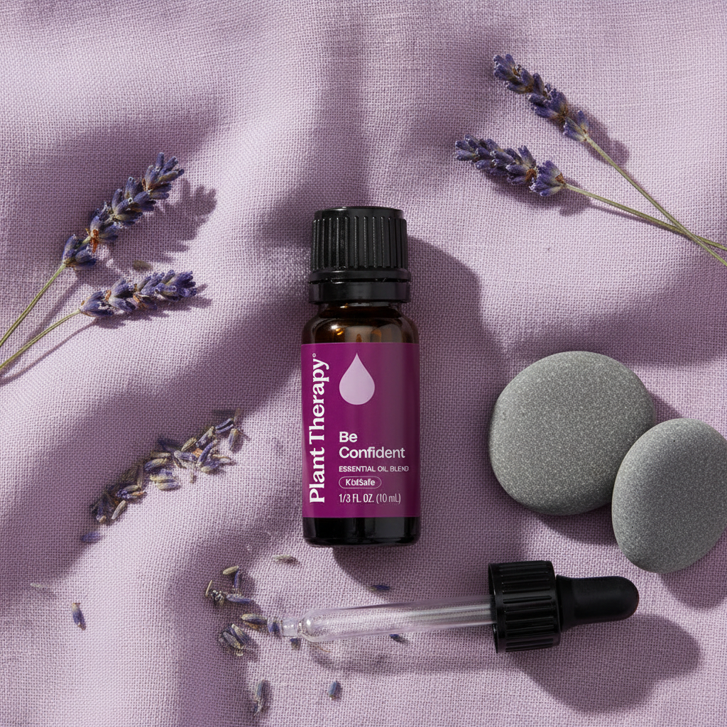 Plant Therapy Be Confident Essential Oil Blend flat lay on purple linen