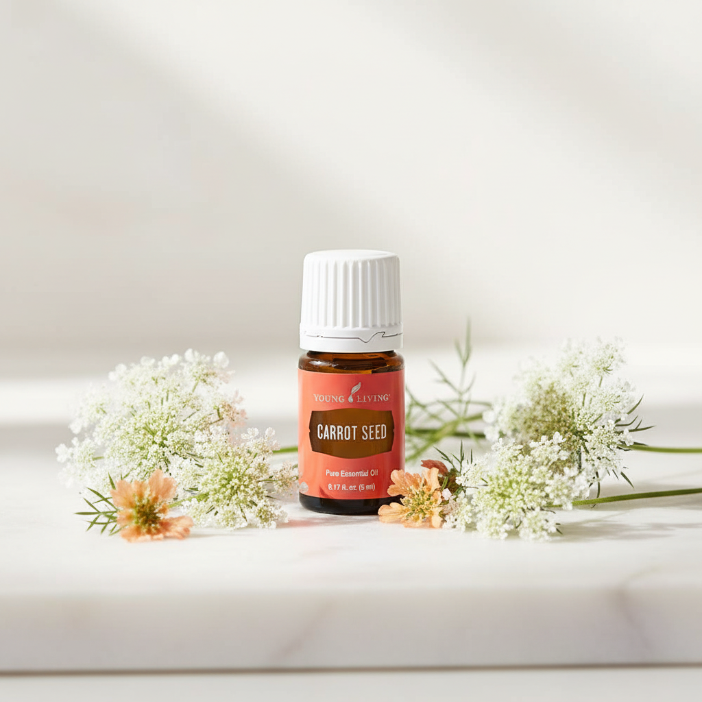 Carrot Seed essential oil bottle with wild carrot flowers on spa surface