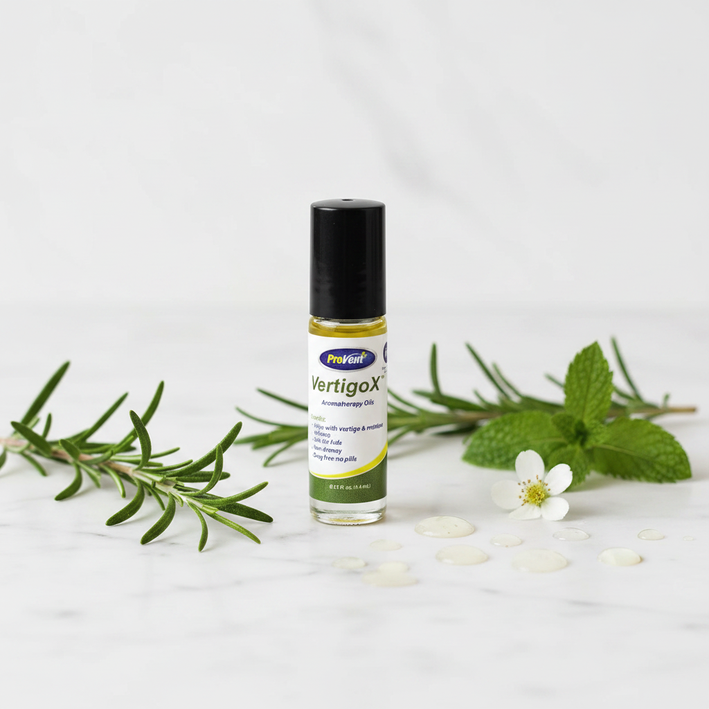 VertigoX roll-on hero shot with herbs on white surface