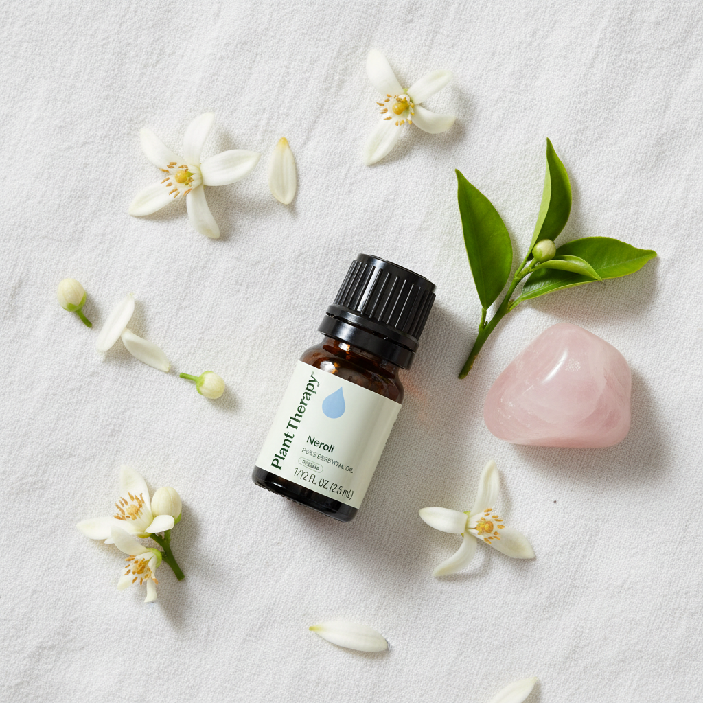 Plant Therapy Neroli Essential Oil flat lay on white linen with petals and rose quartz