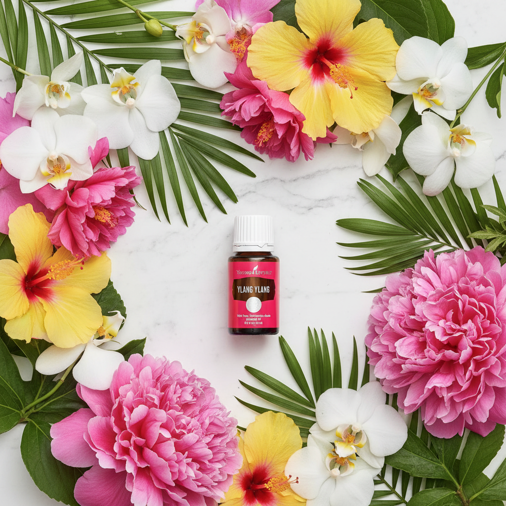 Ylang Ylang essential oil flat lay on marble with tropical flowers