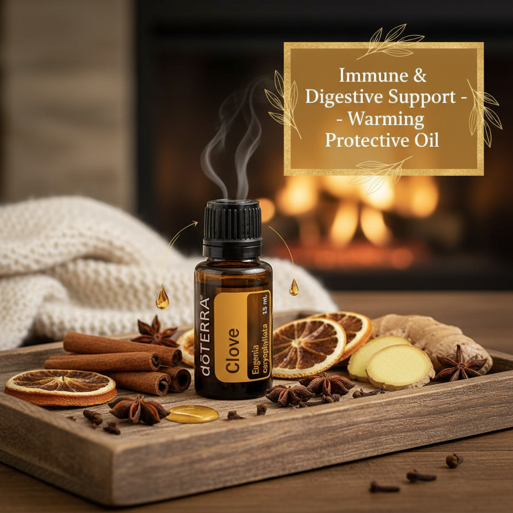 doTERRA Clove Essential Oil immune and digestive support infographic - warming protective oil