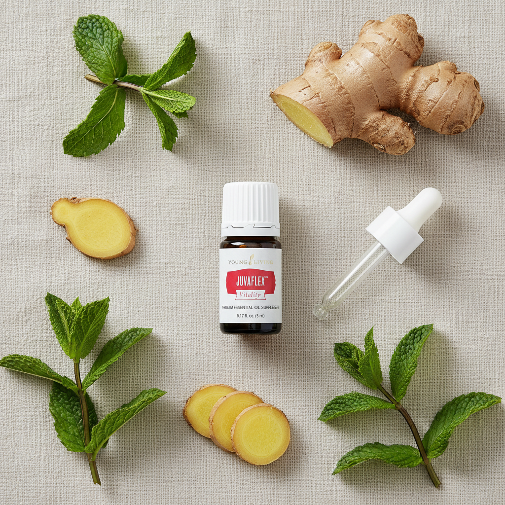 JuvaFlex Vitality flat lay with herbs