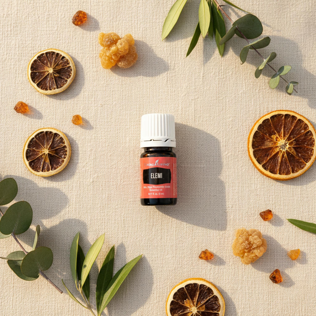 Elemi oil flat lay with resin and dried citrus