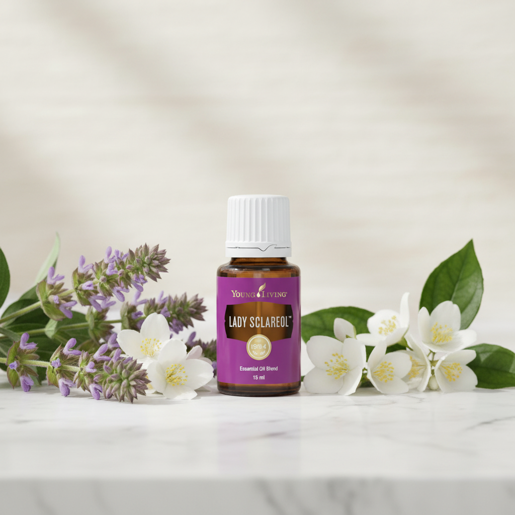 Lady Sclareol essential oil bottle with clary sage flowers and jasmine on spa surface
