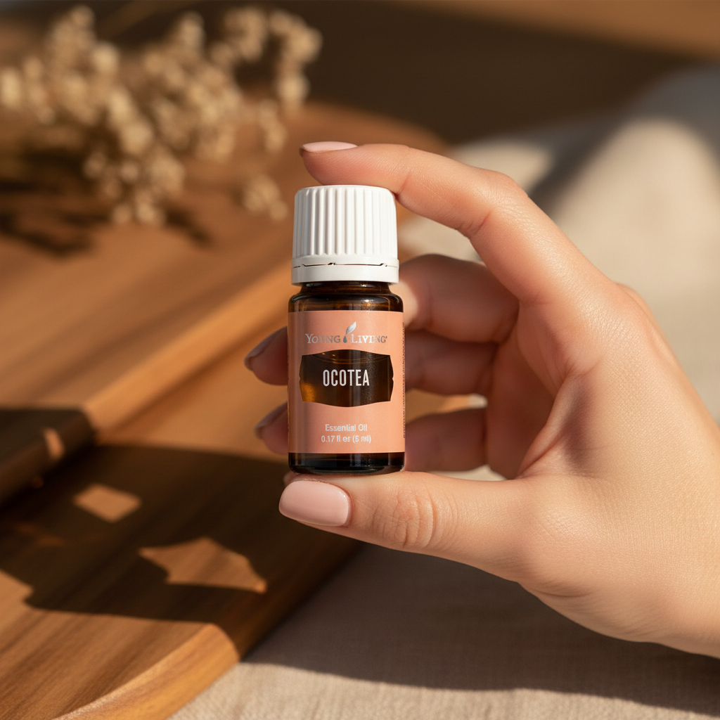 Ocotea essential oil held in hand with warm earthy background