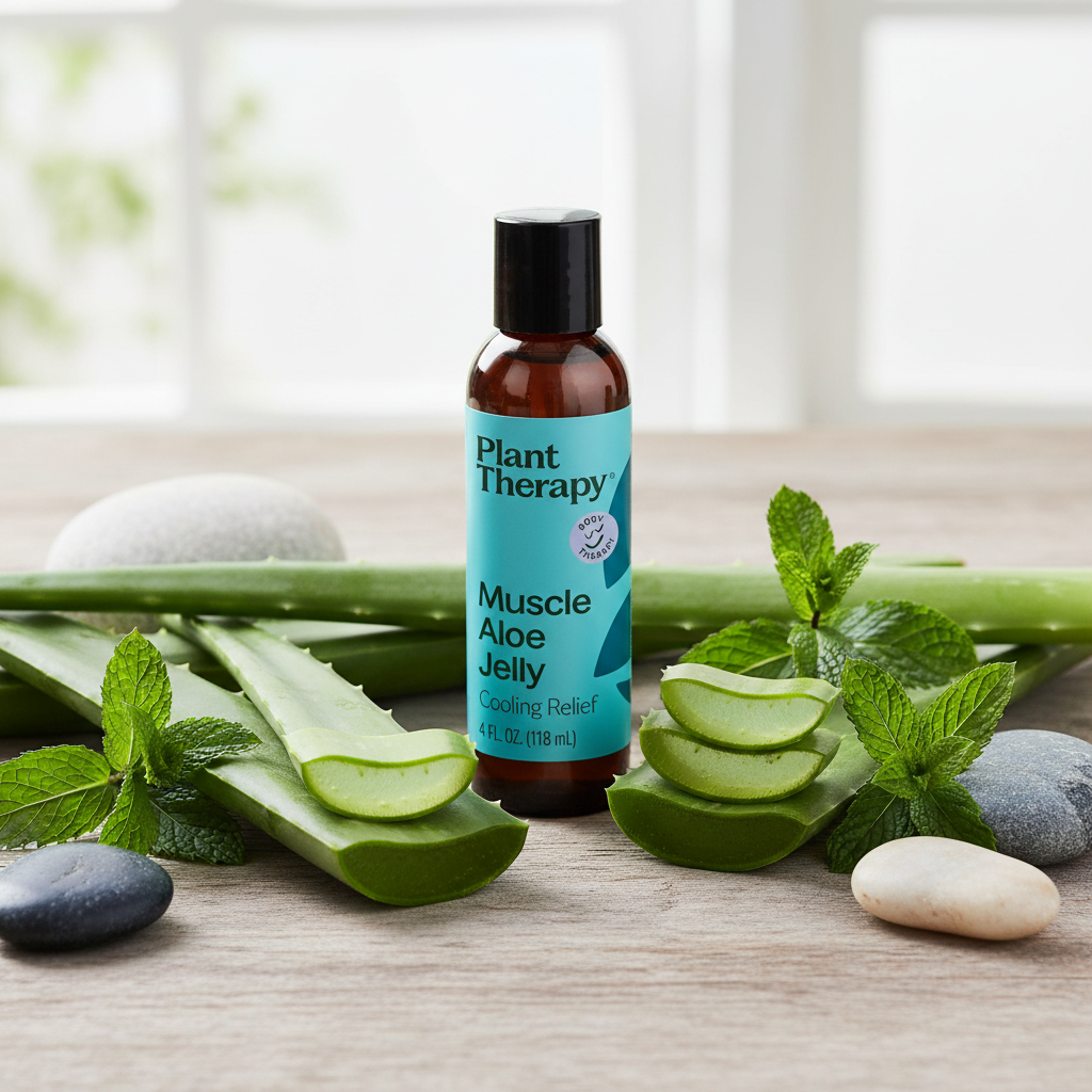Plant Therapy Muscle Aloe Jelly with aloe vera leaves and mint on wood