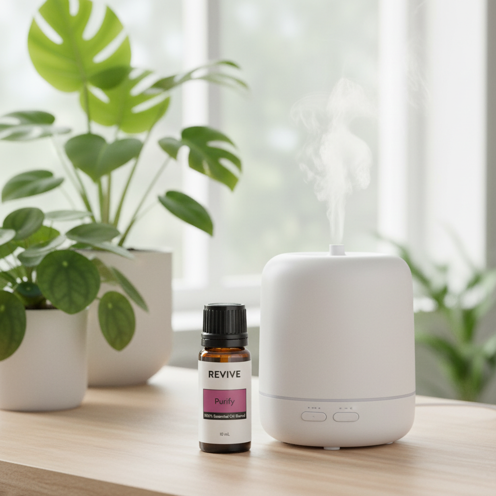 Revive Purify oil beside white diffuser with mist