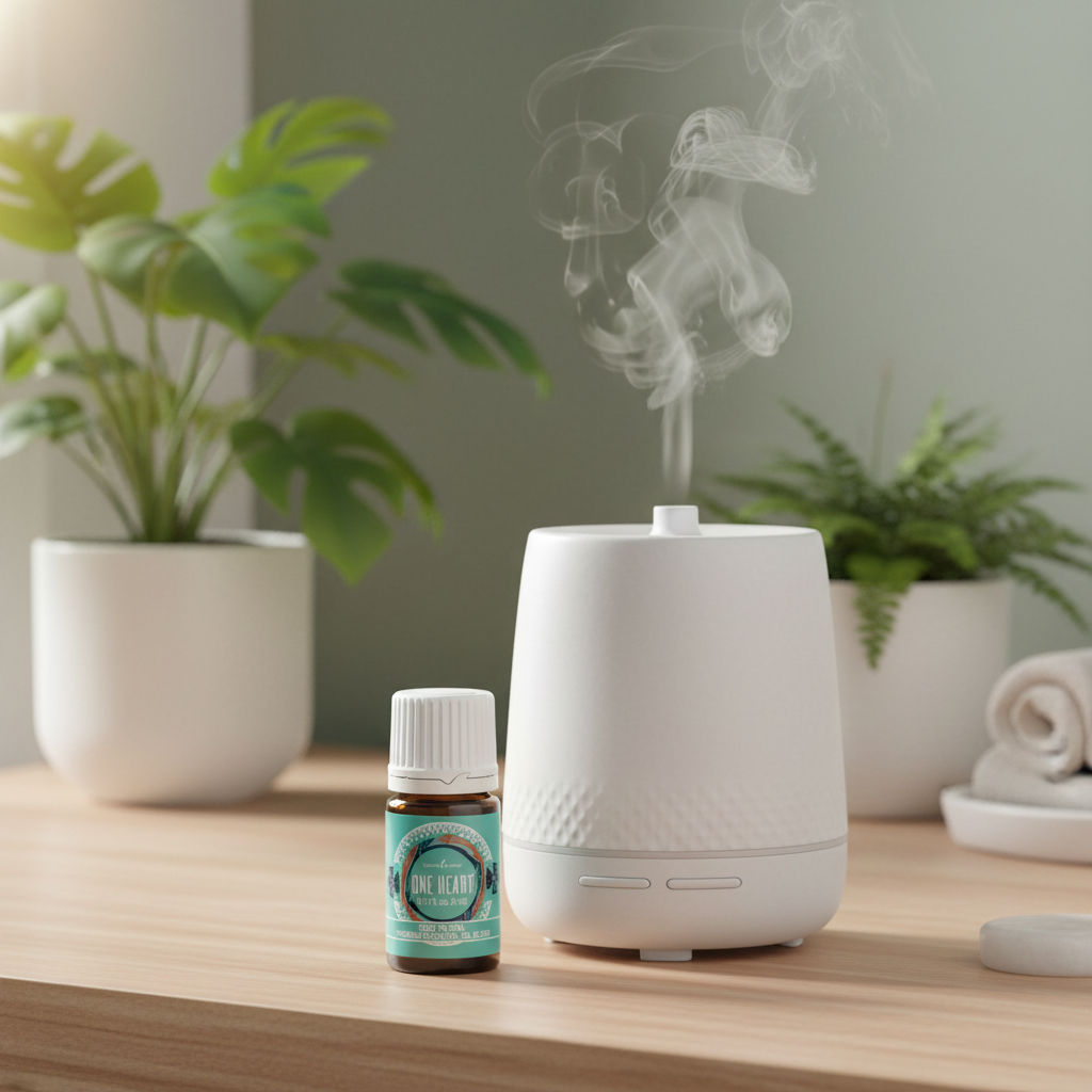 One Heart essential oil next to diffuser in spa setting