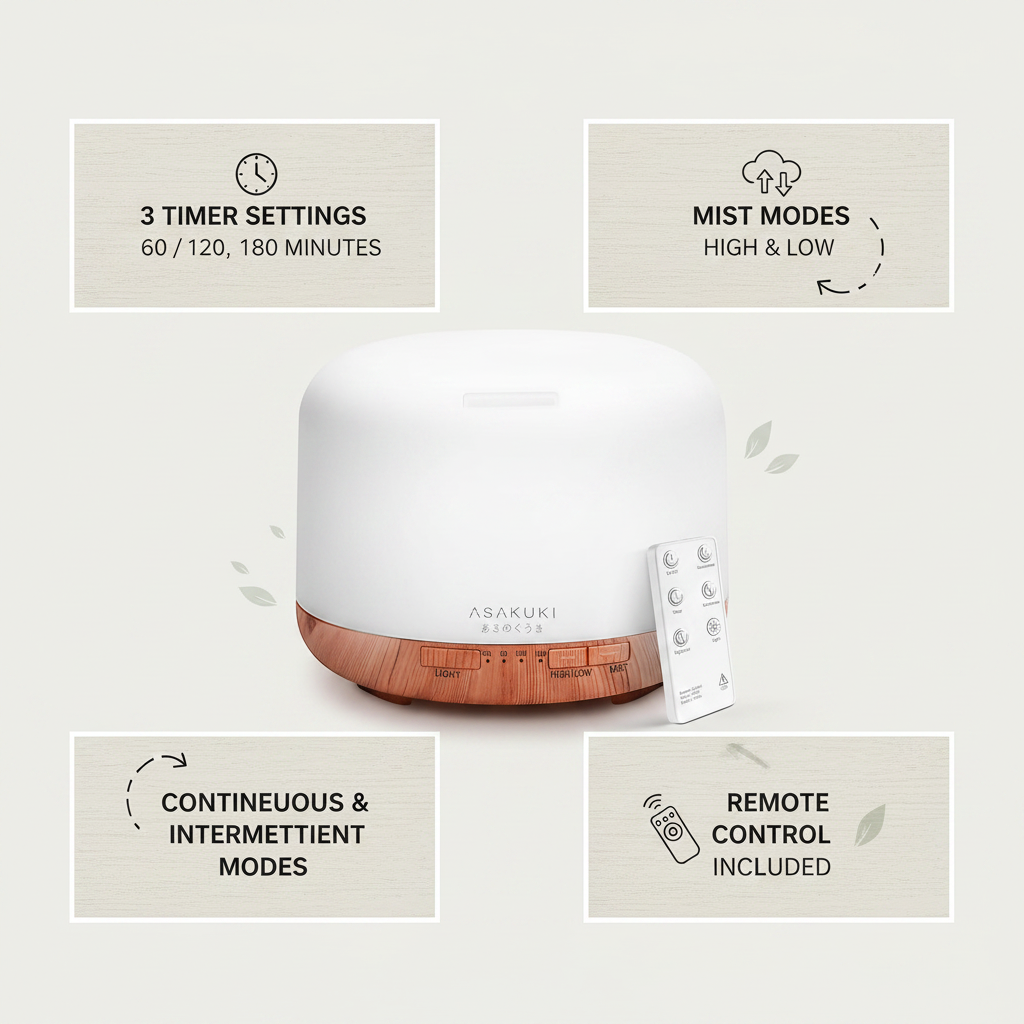 ASAKUKI diffuser specs and modes infographic