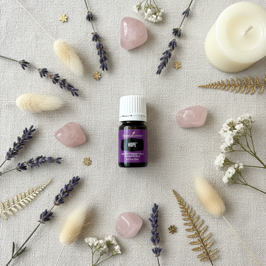 Hope oil flat lay with rose quartz crystals and wildflowers