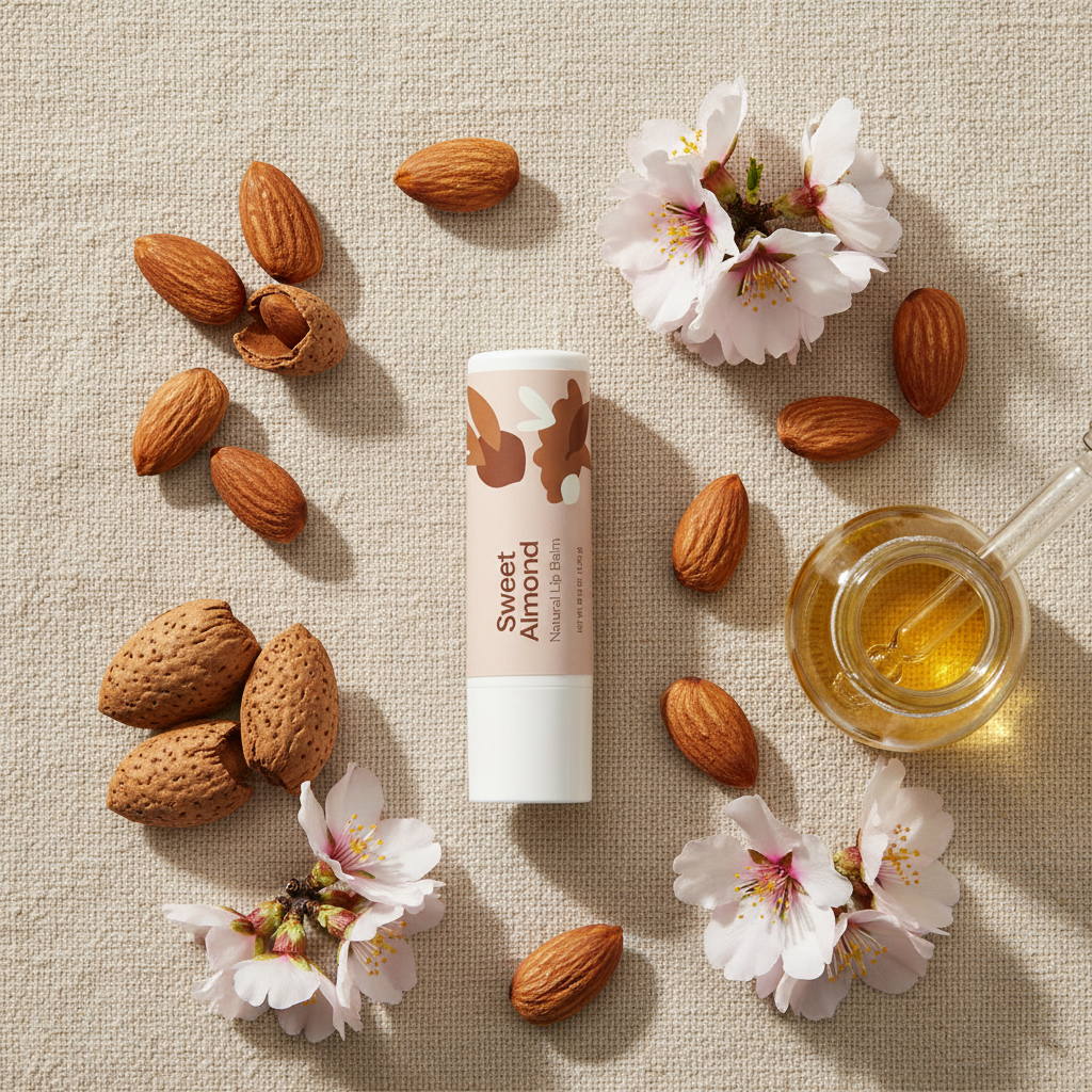 Sweet Almond Natural Lip Balm flat lay with raw almonds and almond blossoms