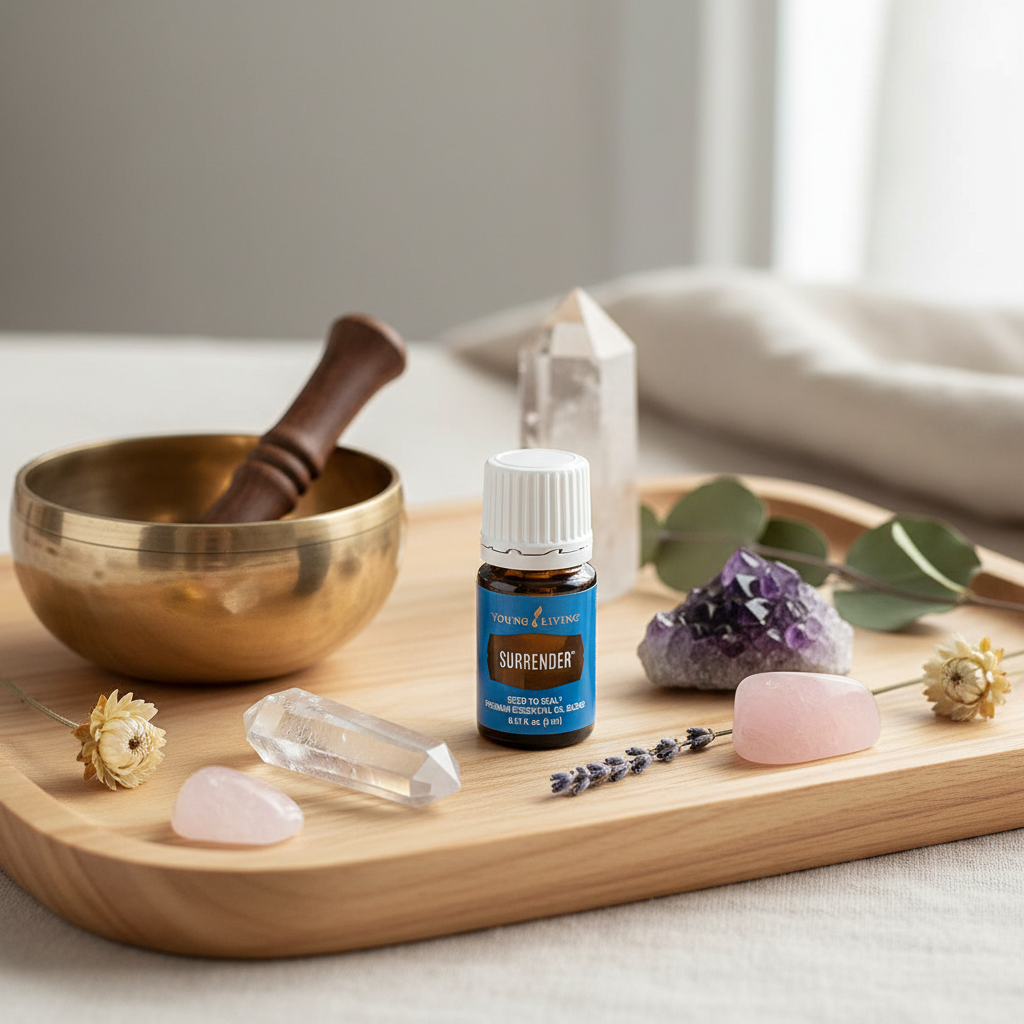 Surrender essential oil on meditation tray