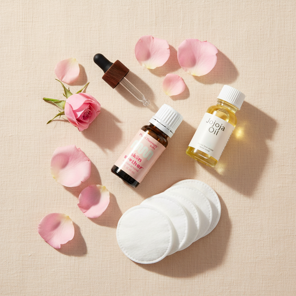 Skin Soother flatlay with rose petals dropper and cotton pads