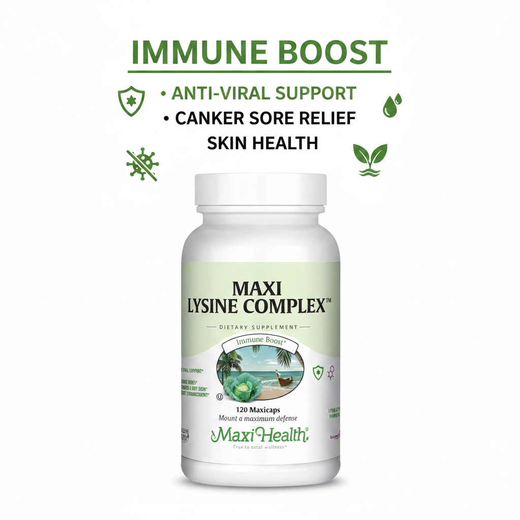 Maxi Lysine Complex benefits infographic - immune boost anti-viral canker sore relief skin health
