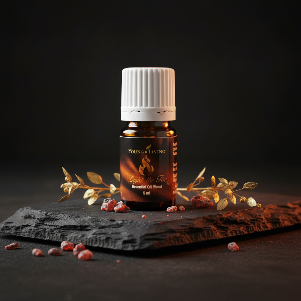 Light the Fire essential oil bottle on dark stone surface with glowing embers