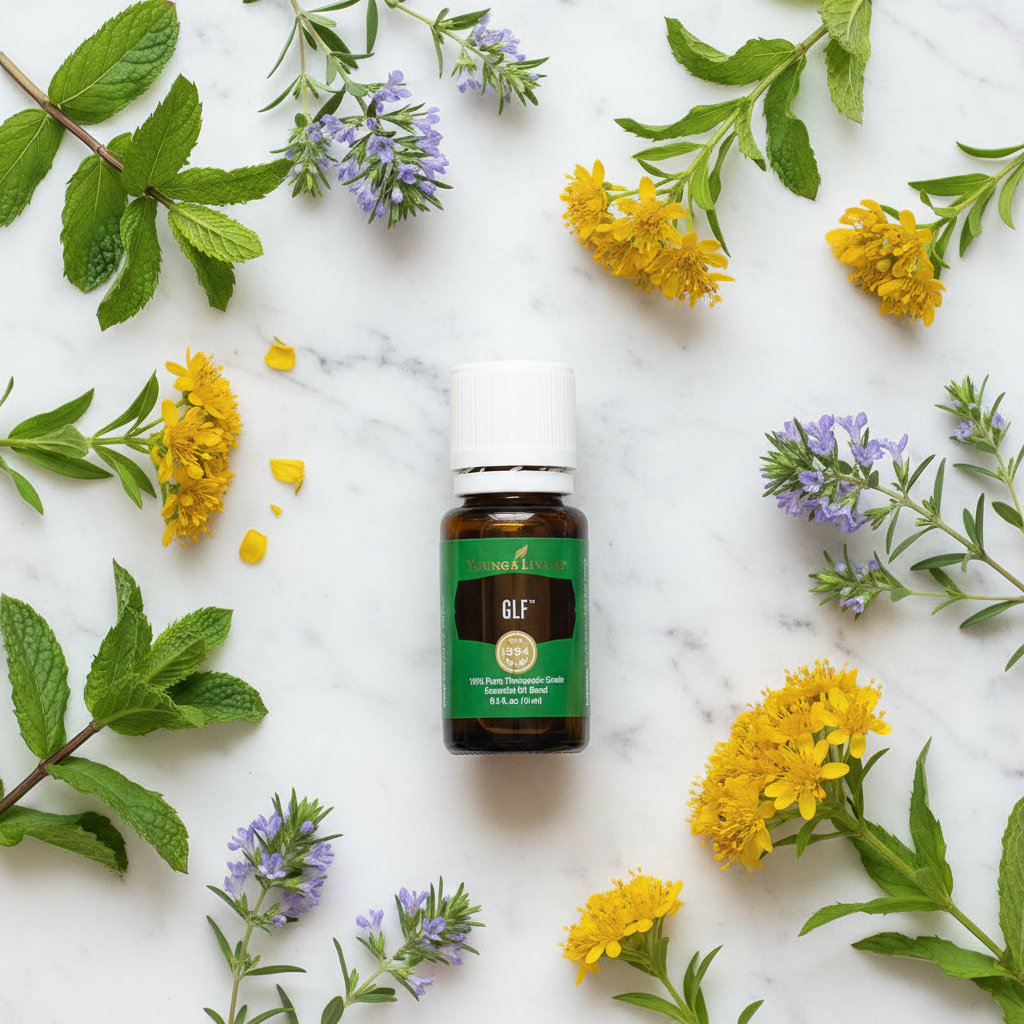 GLF bottle flat lay on marble with spearmint, hyssop and helichrysum botanicals