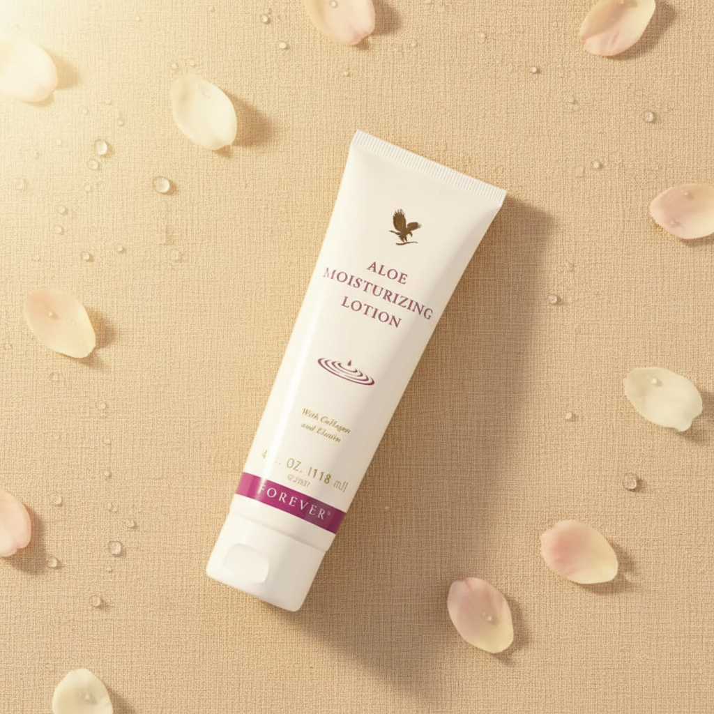 Forever Aloe Moisturizing Lotion on sandy beige with flower petals