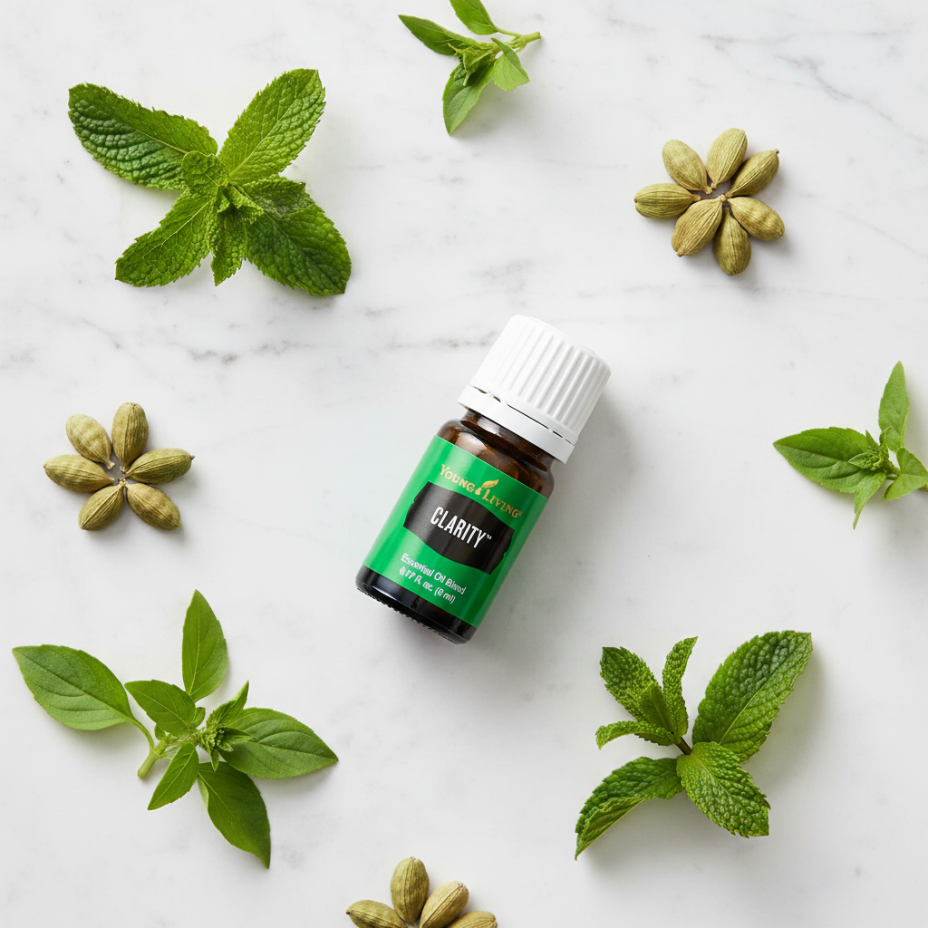 Clarity bottle flat lay with peppermint, basil and cardamom on marble