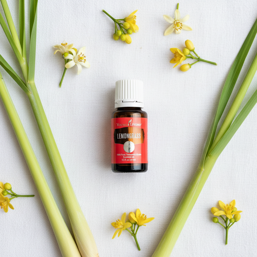 Lemongrass essential oil flat lay on white linen with stalks and citrus flowers