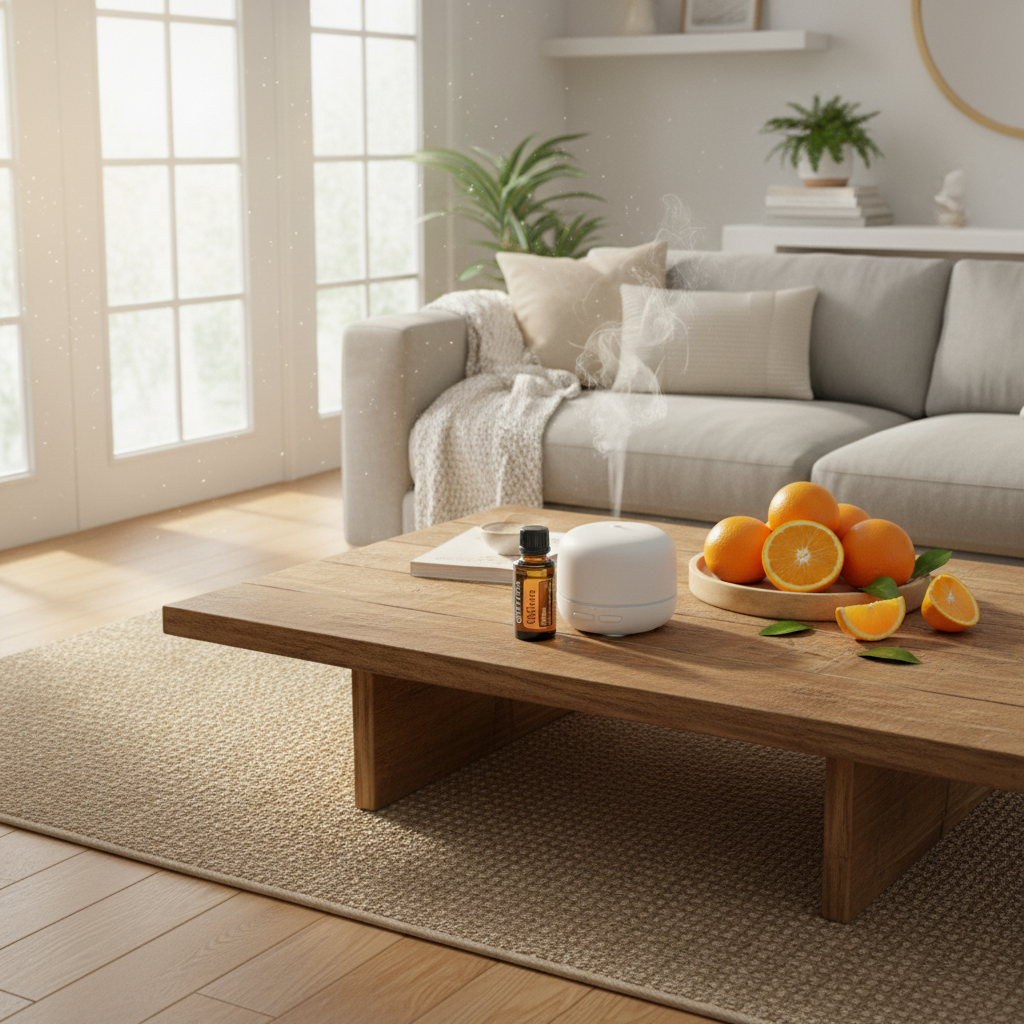 doTERRA Wild Orange Essential Oil diffusing in a bright modern living room