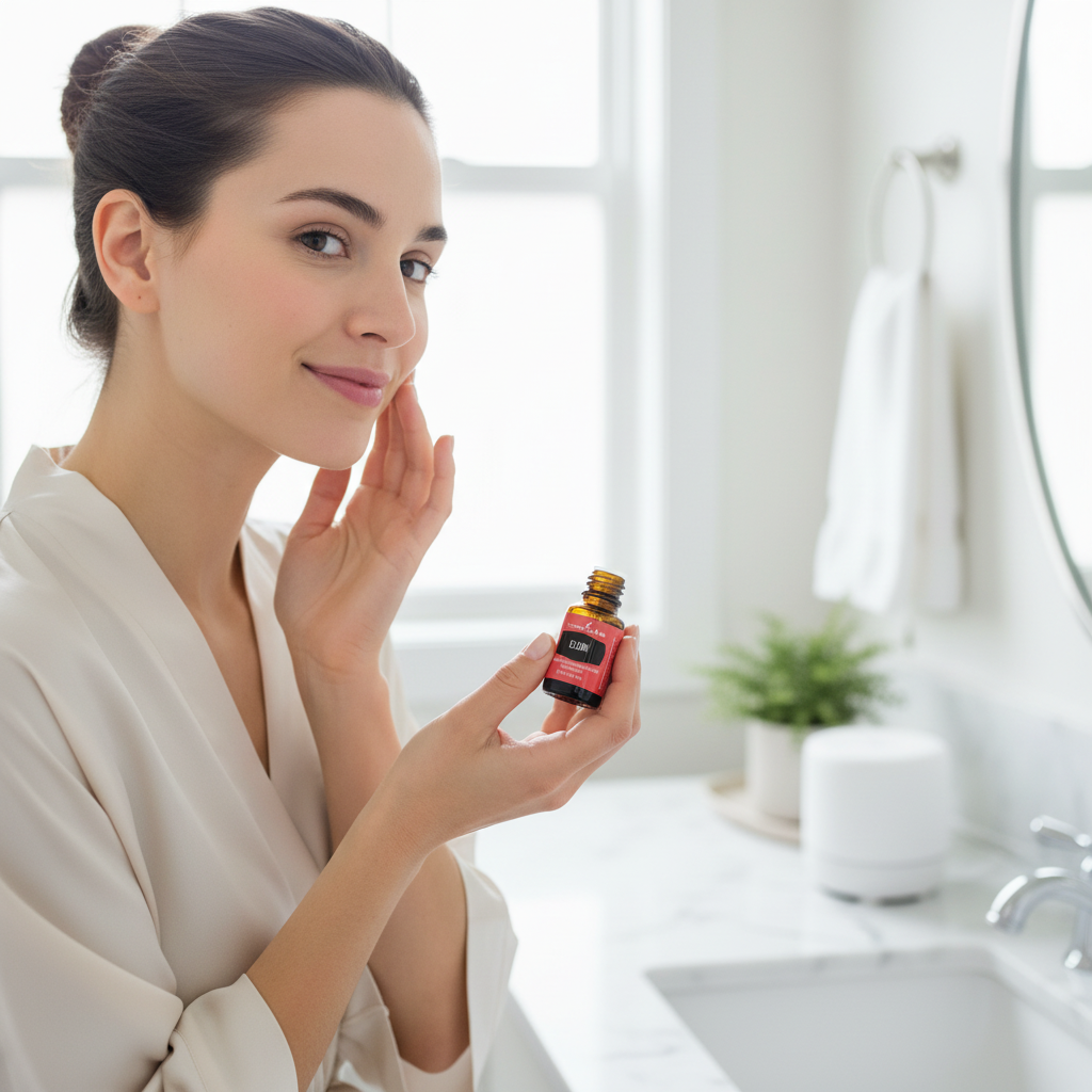 Woman applying diluted Young Living Elemi oil to face in bright bathroom