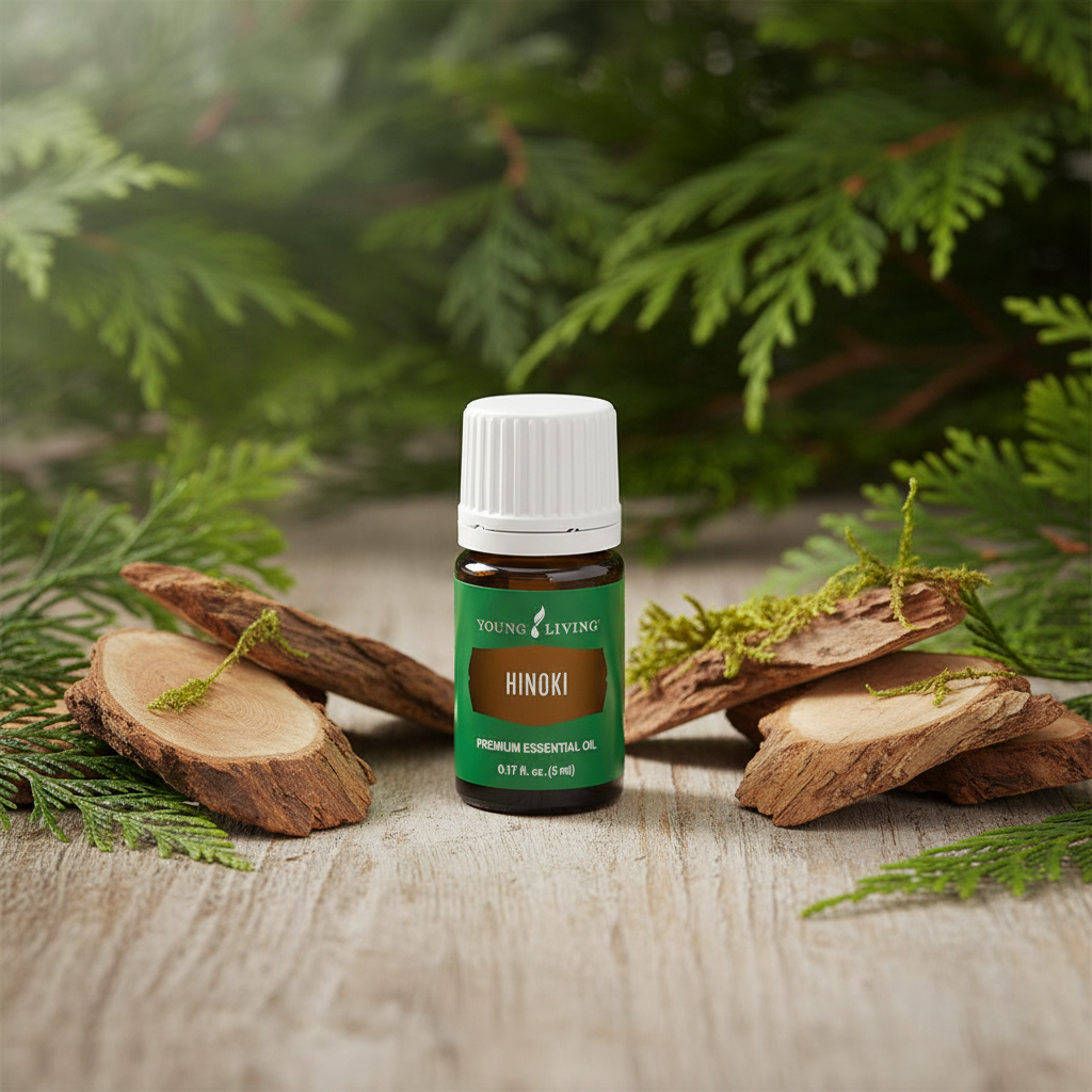 Hinoki bottle on wood with cypress foliage