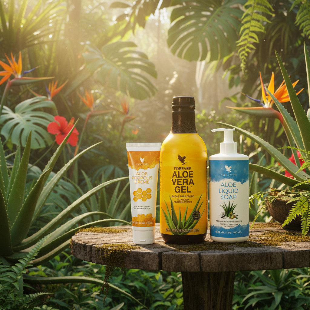 Forever Living Aloe Bundle tropical green background