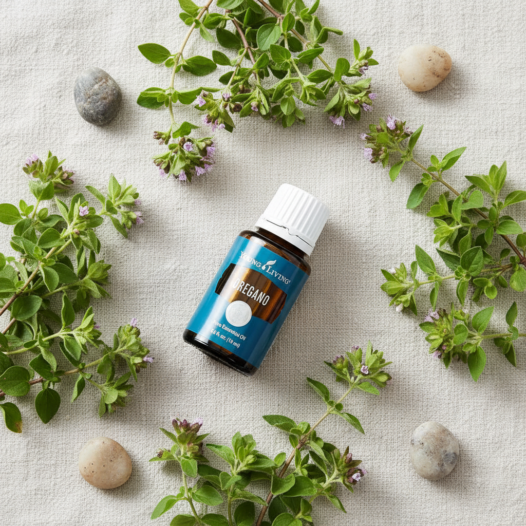 Oregano essential oil flat lay on linen with fresh green oregano leaves