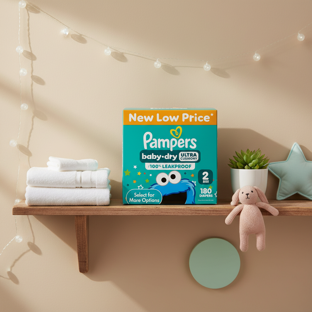Pampers Baby-Dry Size 2 box styled on nursery shelf with plant and pastel decor