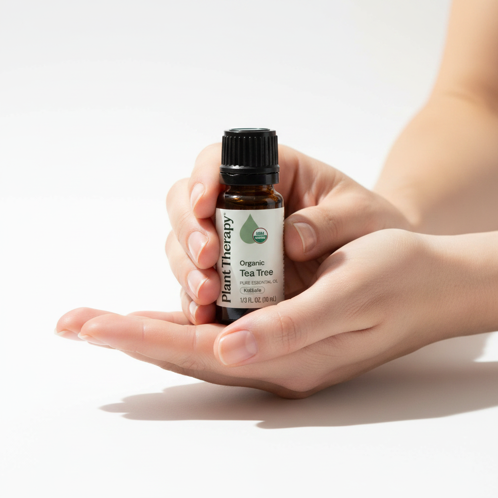 Plant Therapy Organic Tea Tree Essential Oil held in hands