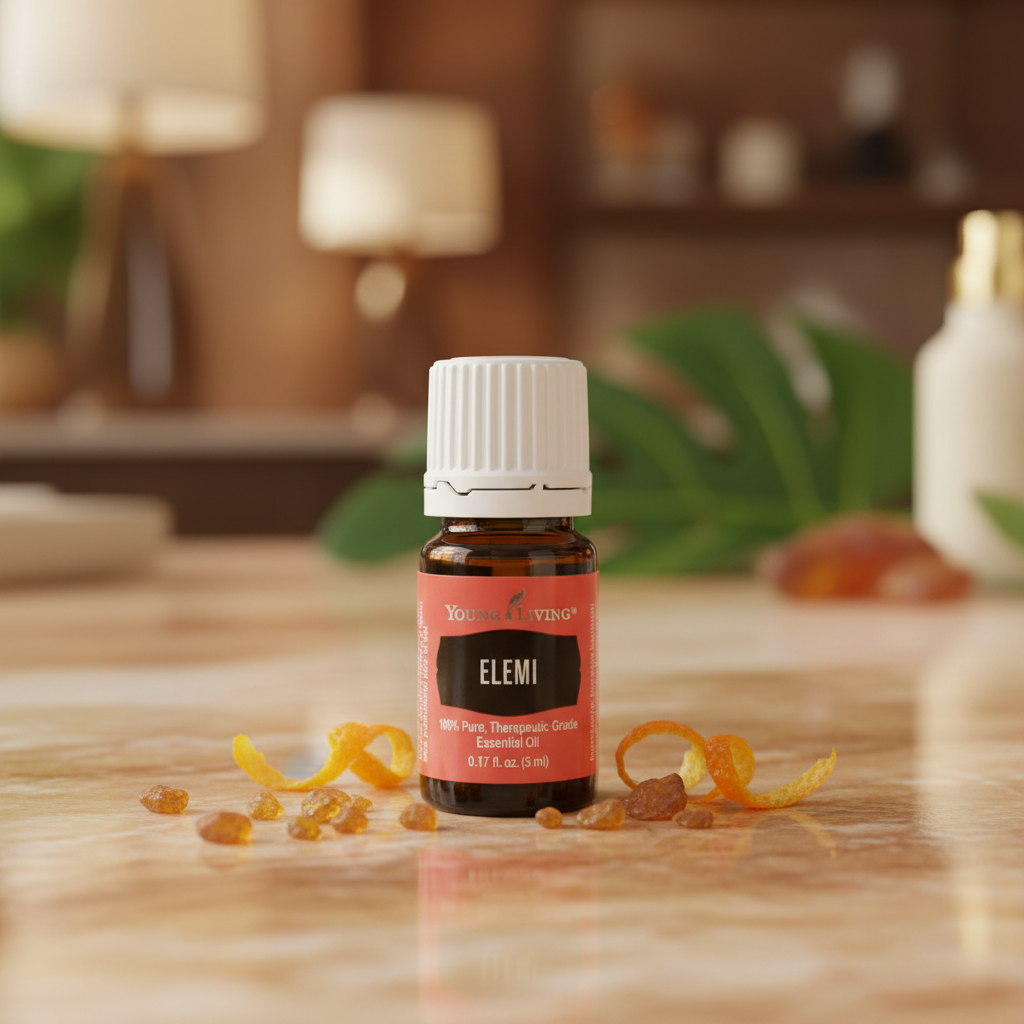 Young Living Elemi bottle close-up on marble with resin pieces and citrus zest bokeh