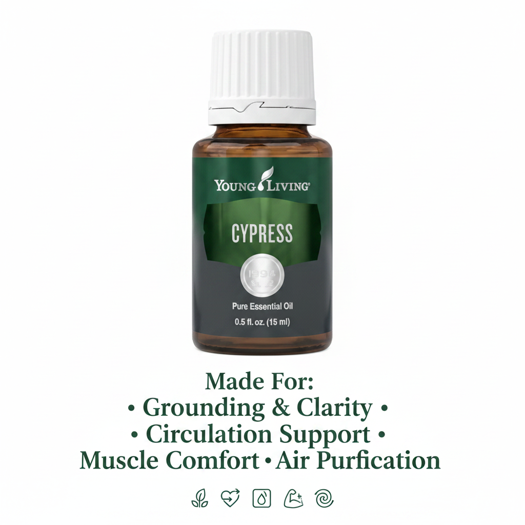 Cypress essential oil infographic - Made For Grounding, Clarity, Circulation Support, Muscle Comfort, Air Purification