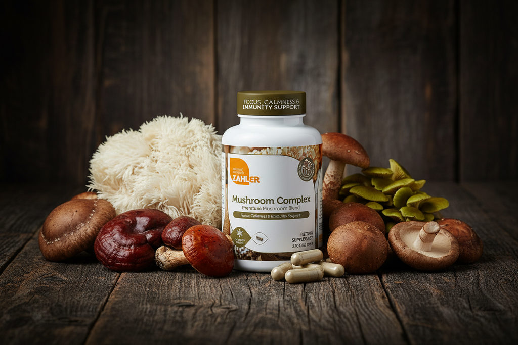 Zahler Mushroom Complex bottle surrounded by fresh wild mushrooms on rustic wooden surface