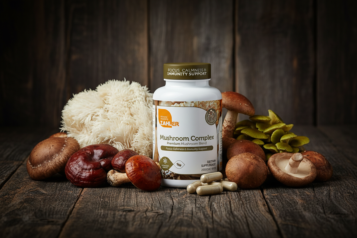 Zahler Mushroom Complex bottle surrounded by fresh wild mushrooms on rustic wooden surface