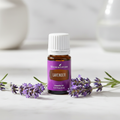 Young Living Lavender Essential Oil on marble with lavender sprigs