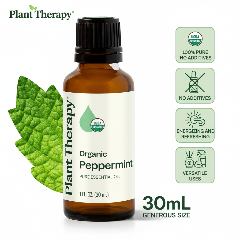 Plant Therapy Organic Peppermint key benefits infographic