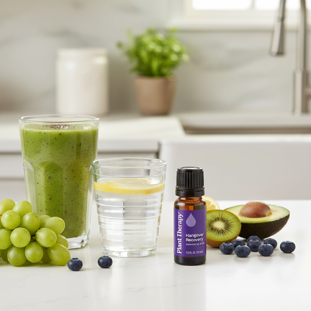 Plant Therapy Hangover Recovery on kitchen counter with smoothie