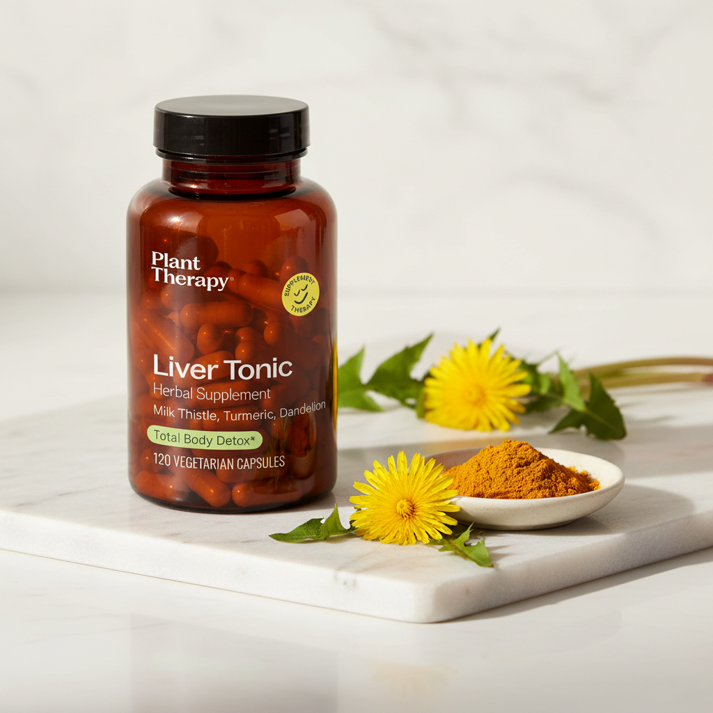 Plant Therapy Liver Tonic on marble with turmeric and dandelion flowers