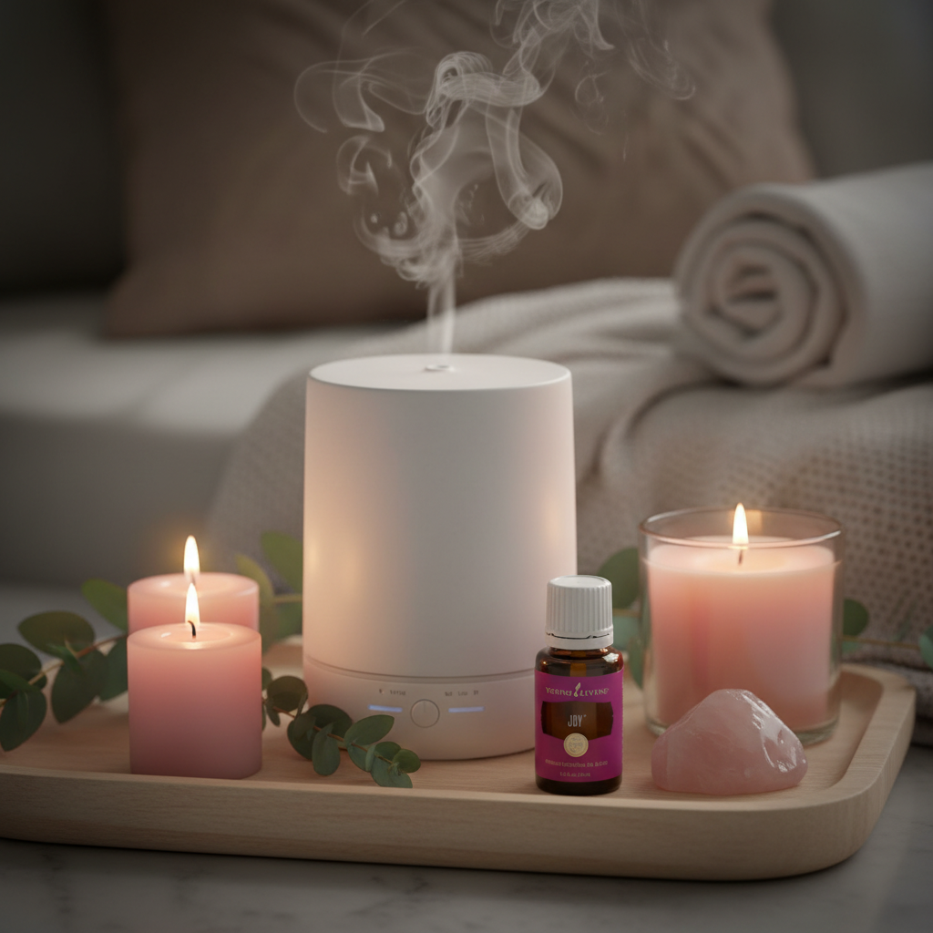 Young Living Joy essential oil on wooden vanity tray with diffuser, pink candles and rose quartz